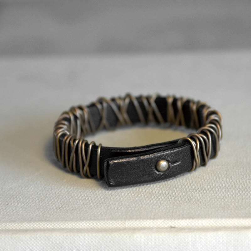 Vintage Leather Copper Brass Wire Wrap Balance Bracelet