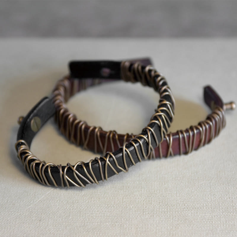 Vintage Leather Copper Brass Wire Wrap Balance Bracelet