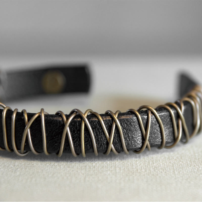 Vintage Leather Copper Brass Wire Wrap Balance Bracelet