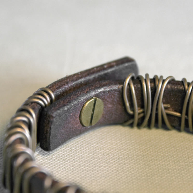 Vintage Leather Copper Brass Wire Wrap Balance Bracelet