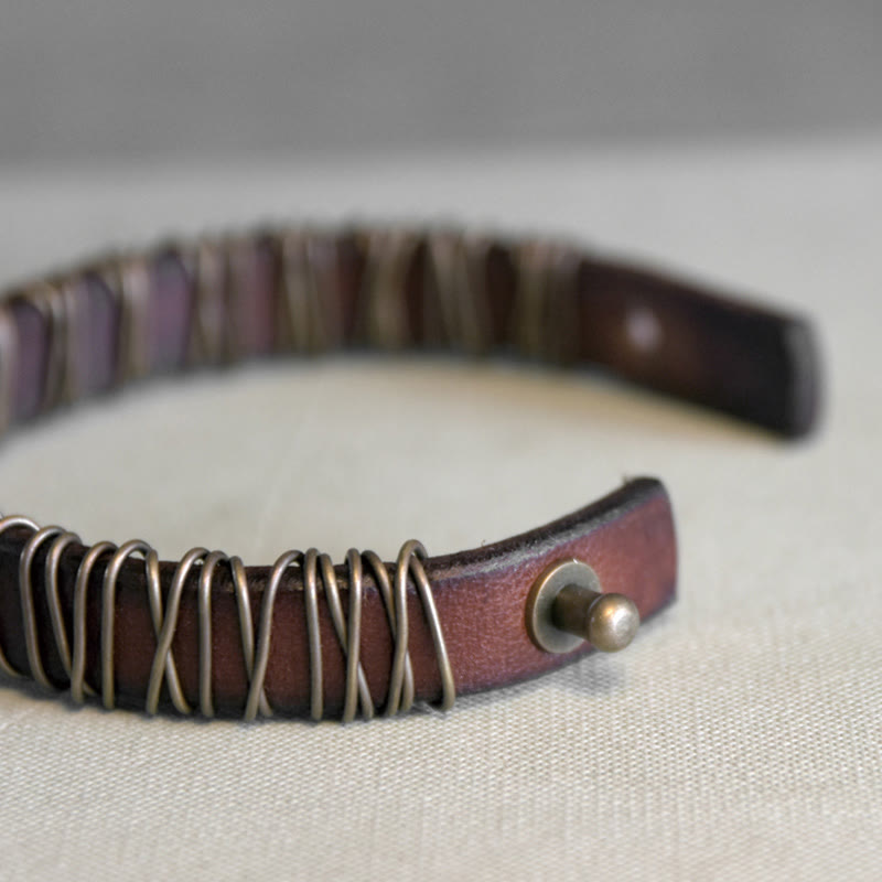 Vintage Leather Copper Brass Wire Wrap Balance Bracelet