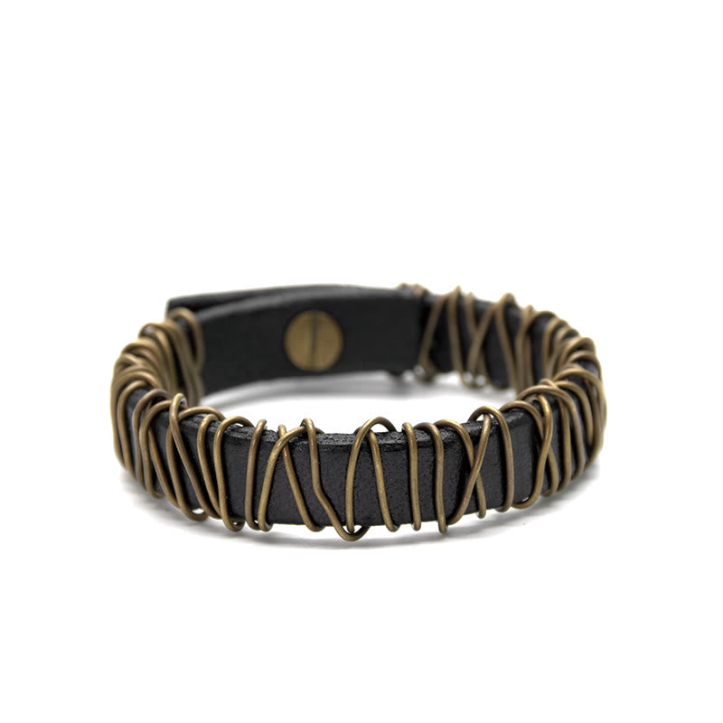 Vintage Leather Copper Brass Wire Wrap Balance Bracelet