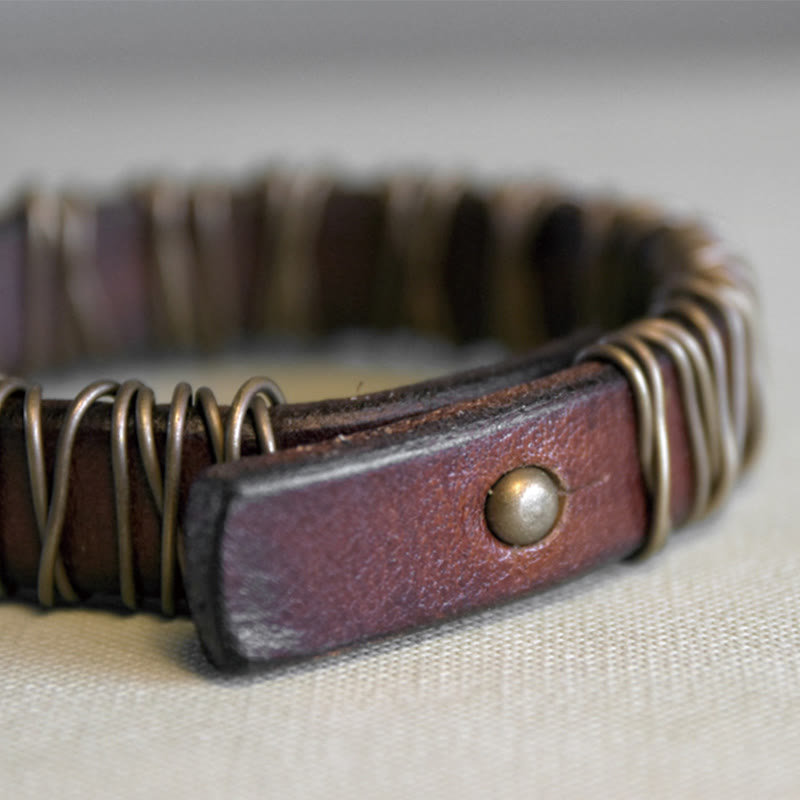 Vintage Leather Copper Brass Wire Wrap Balance Bracelet