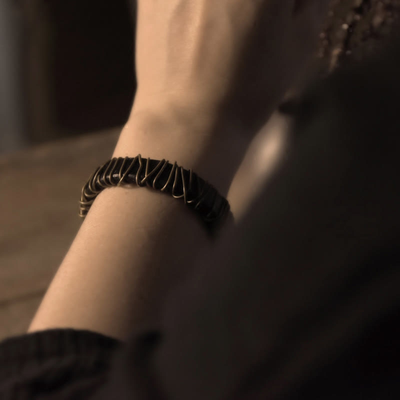 Vintage Leather Copper Brass Wire Wrap Balance Bracelet