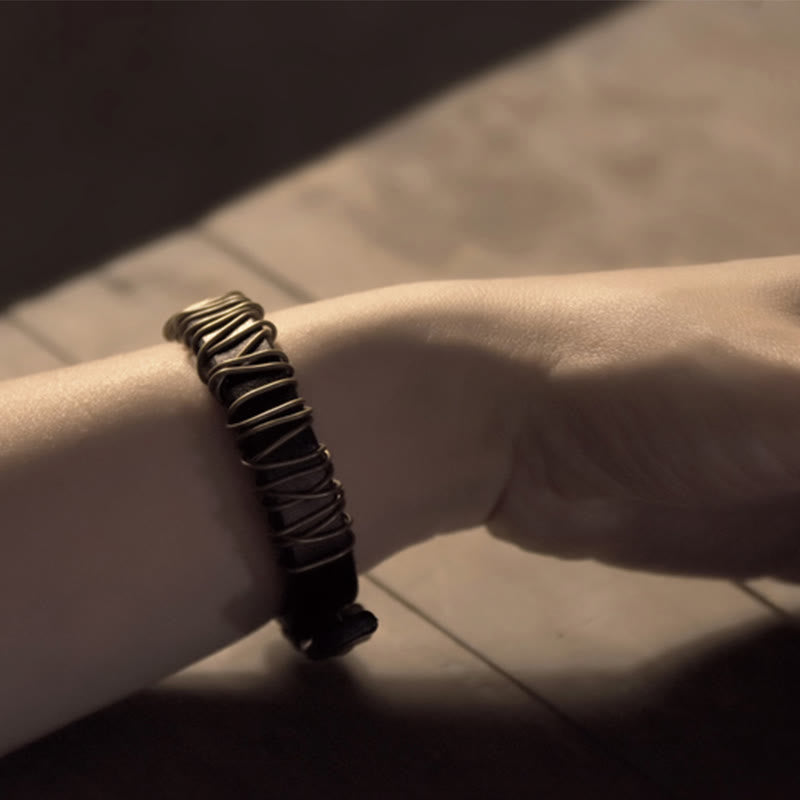 Vintage Leather Copper Brass Wire Wrap Balance Bracelet