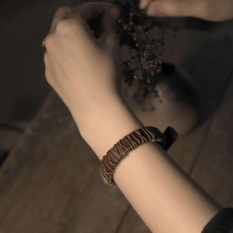 Vintage Leather Copper Brass Wire Wrap Balance Bracelet