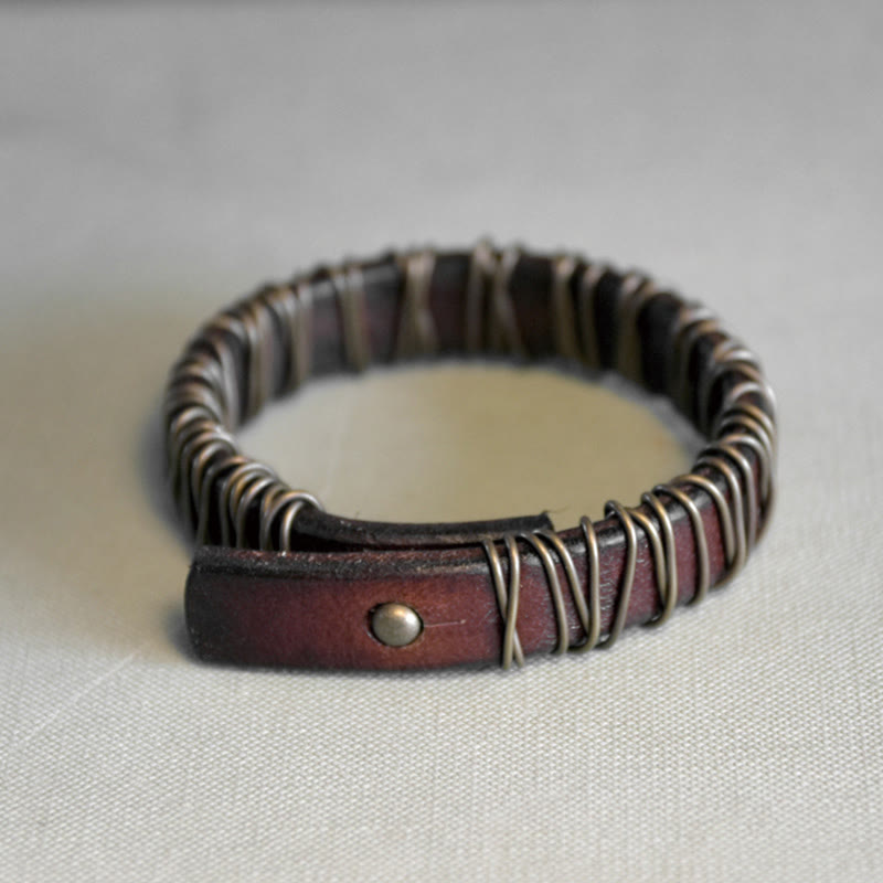 Vintage Leather Copper Brass Wire Wrap Balance Bracelet