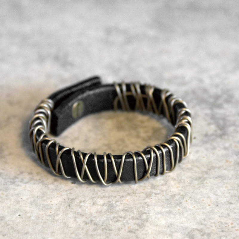 Vintage Leather Copper Brass Wire Wrap Balance Bracelet