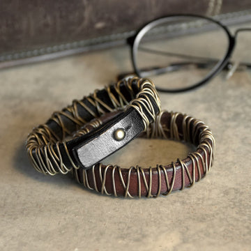Vintage Leather Copper Brass Wire Wrap Balance Bracelet