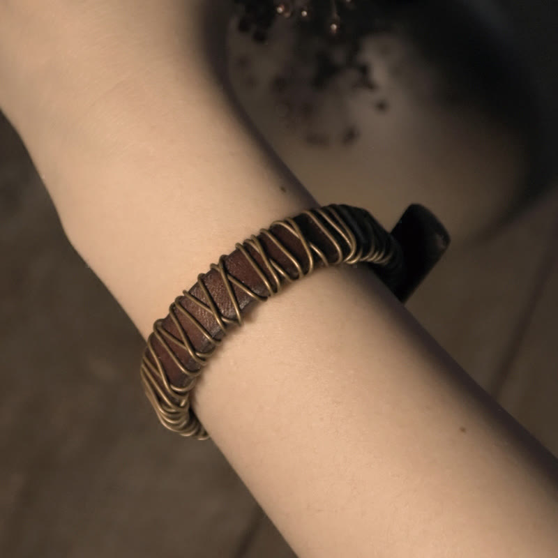Vintage Leather Copper Brass Wire Wrap Balance Bracelet