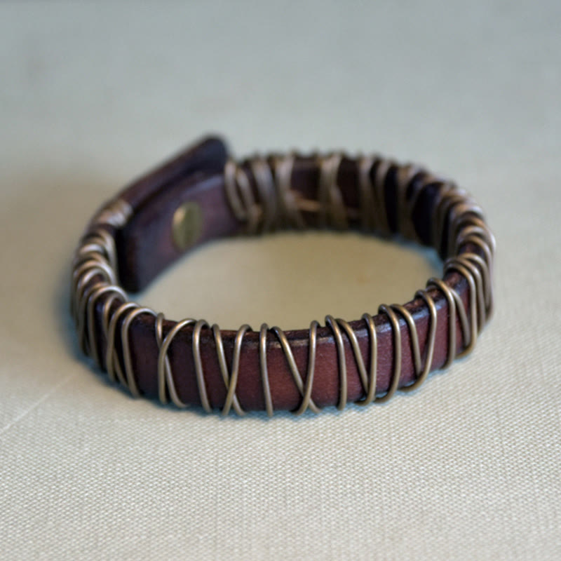 Vintage Leather Copper Brass Wire Wrap Balance Bracelet