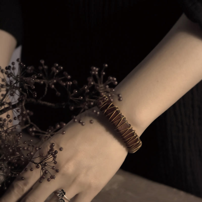 Vintage Leather Copper Brass Wire Wrap Balance Bracelet