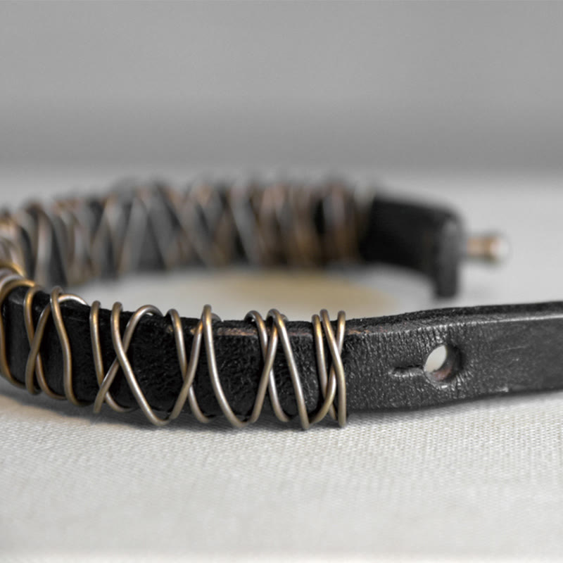 Vintage Leather Copper Brass Wire Wrap Balance Bracelet