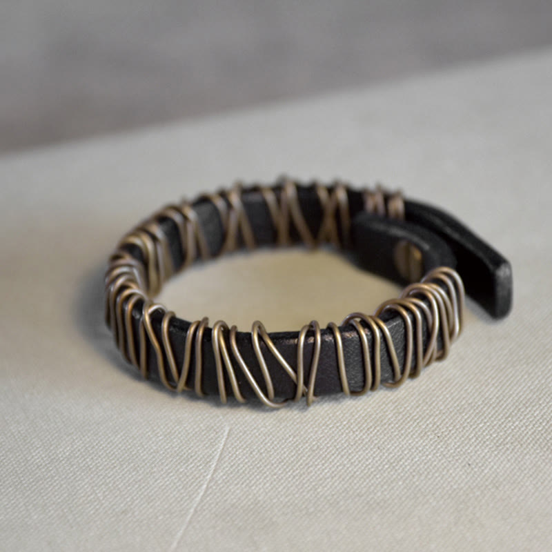 Vintage Leather Copper Brass Wire Wrap Balance Bracelet