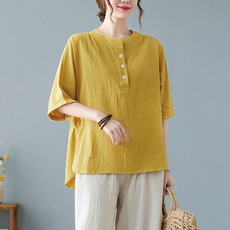 Women's Plain Batwing Sleeve Design Half Sleeve Cotton Linen Shirt