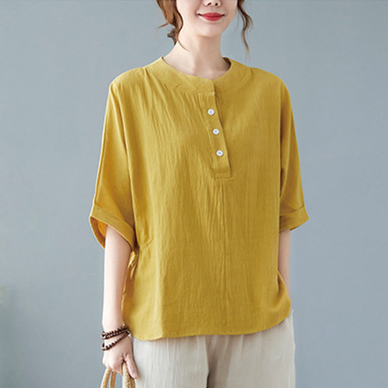 Women's Plain Batwing Sleeve Design Half Sleeve Cotton Linen Shirt