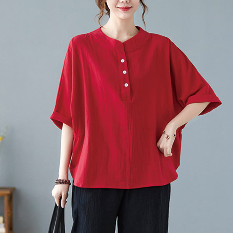 Women's Plain Batwing Sleeve Design Half Sleeve Cotton Linen Shirt