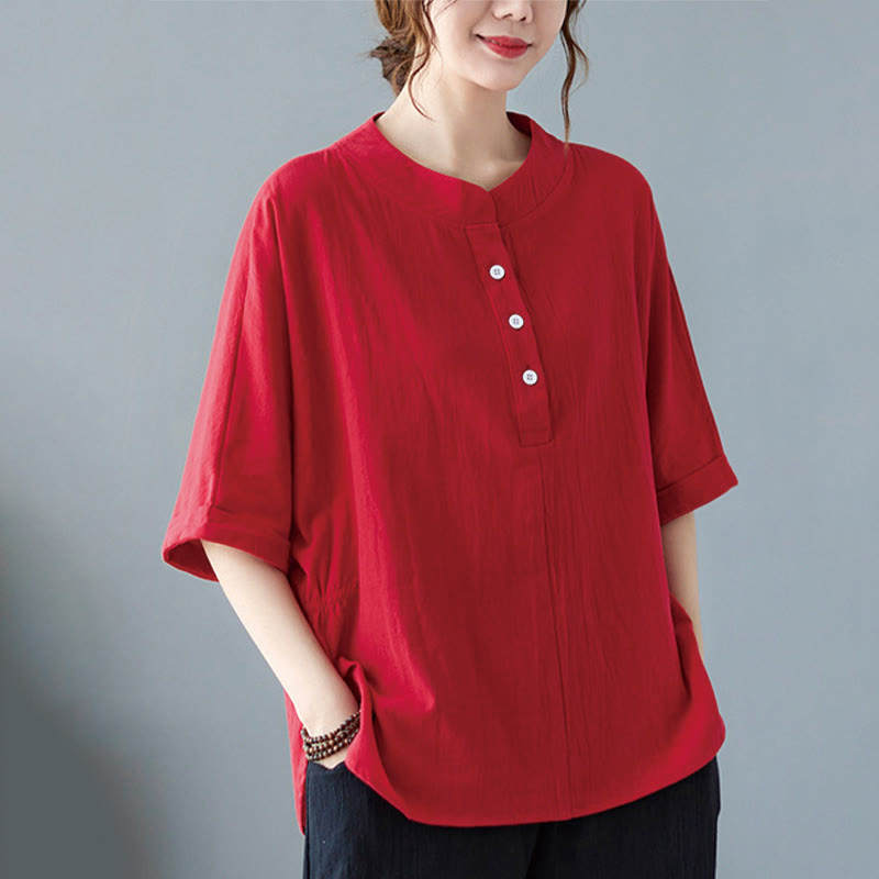 Women's Plain Batwing Sleeve Design Half Sleeve Cotton Linen Shirt