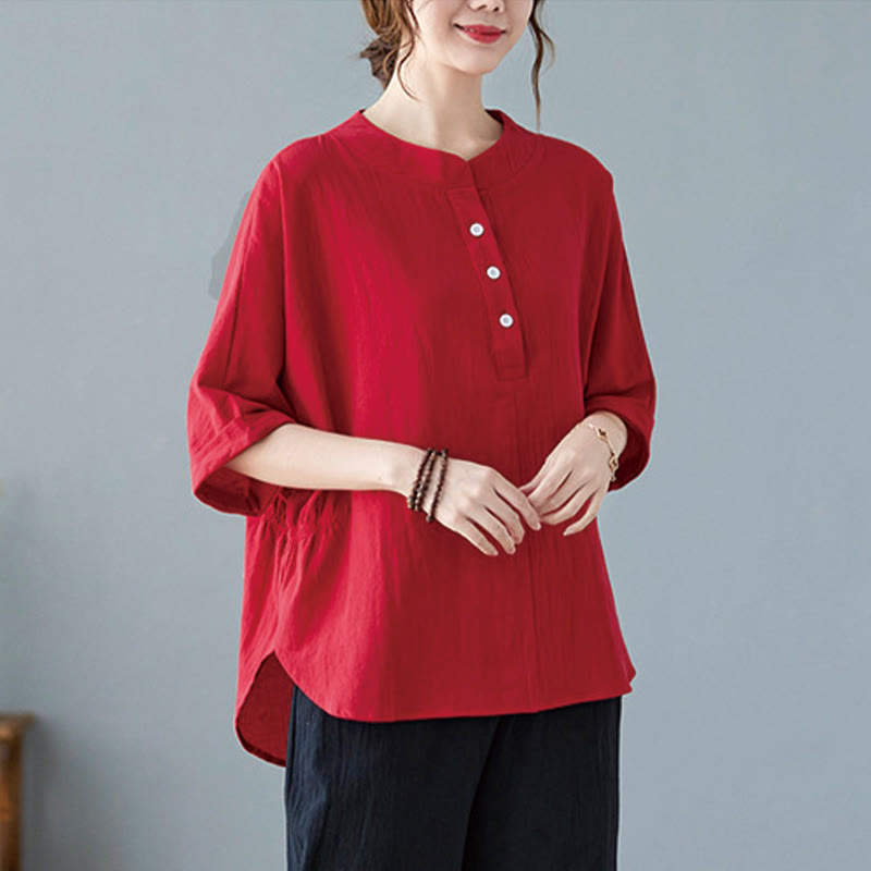 Women's Plain Batwing Sleeve Design Half Sleeve Cotton Linen Shirt