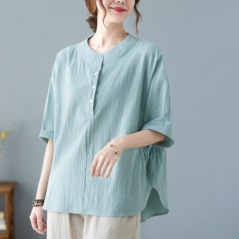 Women's Plain Batwing Sleeve Design Half Sleeve Cotton Linen Shirt