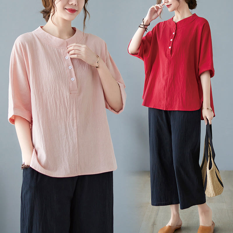 Women's Plain Batwing Sleeve Design Half Sleeve Cotton Linen Shirt