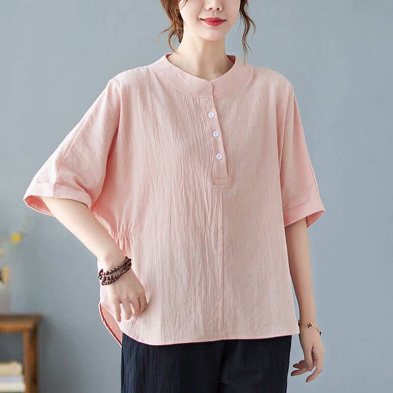 Women's Plain Batwing Sleeve Design Half Sleeve Cotton Linen Shirt