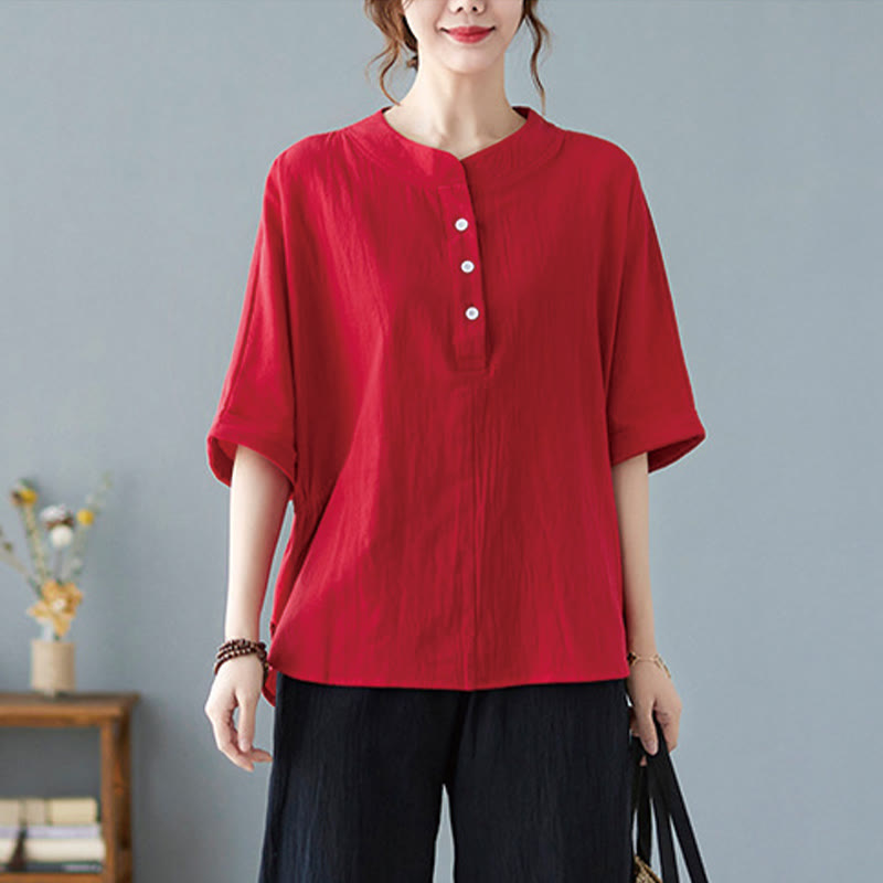 Women's Plain Batwing Sleeve Design Half Sleeve Cotton Linen Shirt