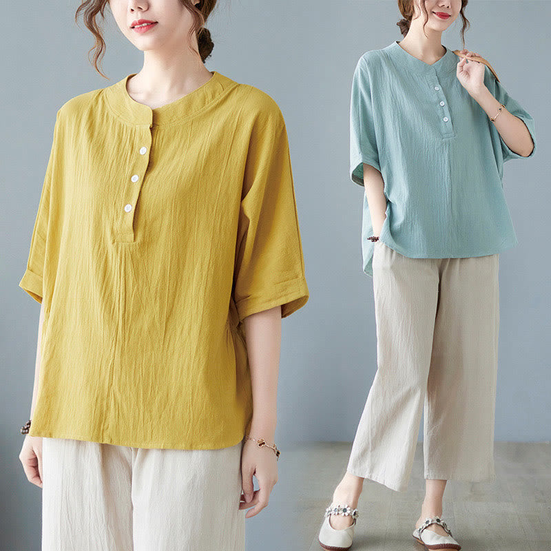 Women's Plain Batwing Sleeve Design Half Sleeve Cotton Linen Shirt