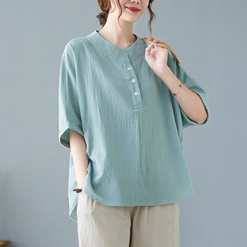 Women's Plain Batwing Sleeve Design Half Sleeve Cotton Linen Shirt