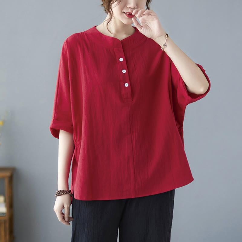 Women's Plain Batwing Sleeve Design Half Sleeve Cotton Linen Shirt