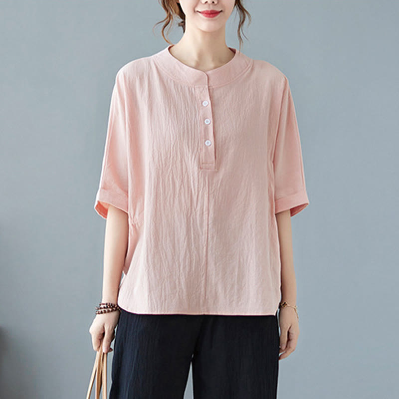 Women's Plain Batwing Sleeve Design Half Sleeve Cotton Linen Shirt