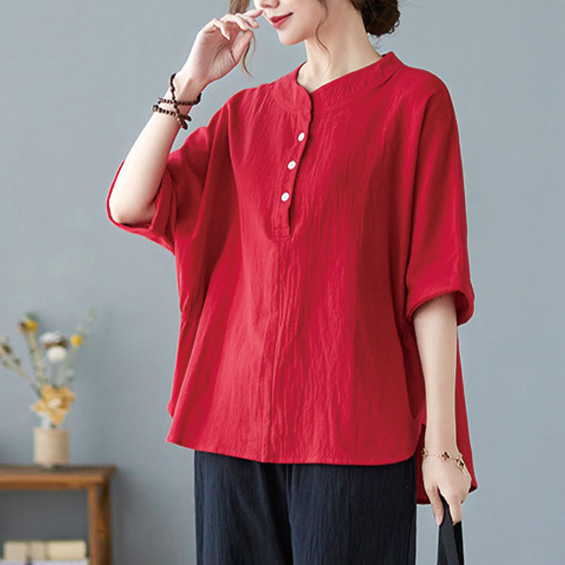 Women's Plain Batwing Sleeve Design Half Sleeve Cotton Linen Shirt