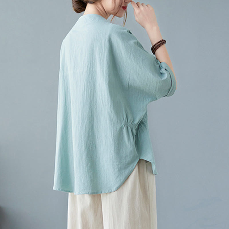 Women's Plain Batwing Sleeve Design Half Sleeve Cotton Linen Shirt