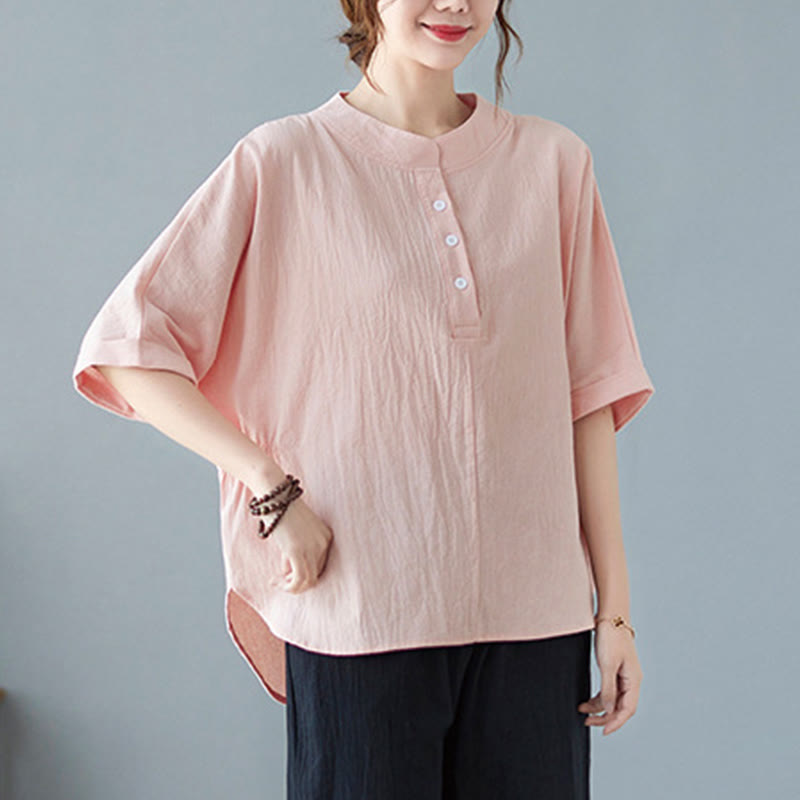 Women's Plain Batwing Sleeve Design Half Sleeve Cotton Linen Shirt