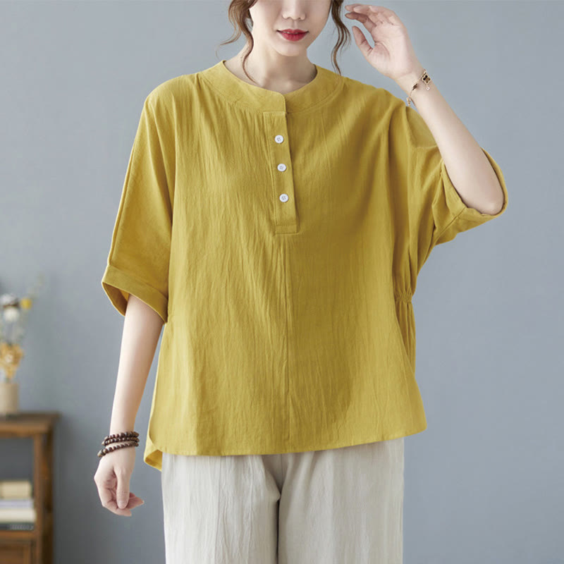Women's Plain Batwing Sleeve Design Half Sleeve Cotton Linen Shirt