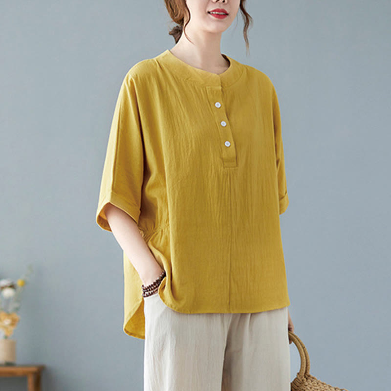 Women's Plain Batwing Sleeve Design Half Sleeve Cotton Linen Shirt