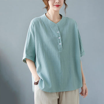 Women's Plain Batwing Sleeve Design Half Sleeve Cotton Linen Shirt
