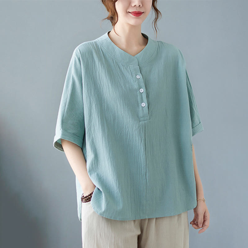Women's Plain Batwing Sleeve Design Half Sleeve Cotton Linen Shirt