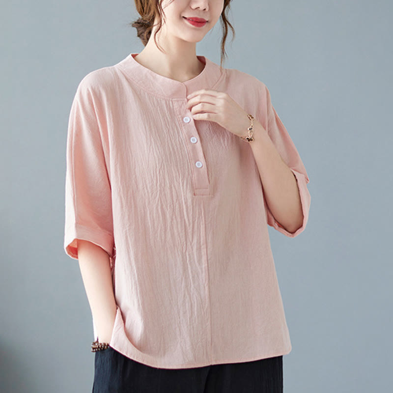 Women's Plain Batwing Sleeve Design Half Sleeve Cotton Linen Shirt