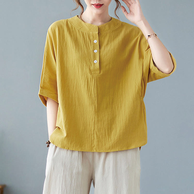 Women's Plain Batwing Sleeve Design Half Sleeve Cotton Linen Shirt