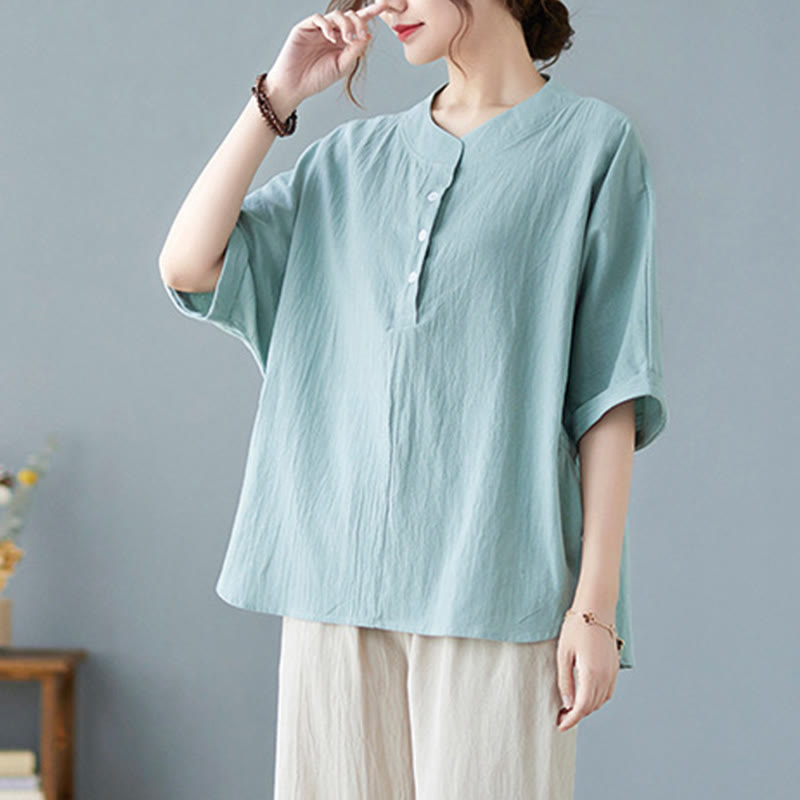 Women's Plain Batwing Sleeve Design Half Sleeve Cotton Linen Shirt