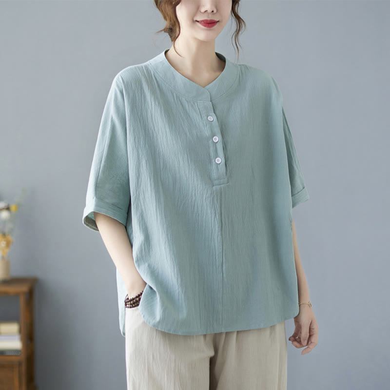Women's Plain Batwing Sleeve Design Half Sleeve Cotton Linen Shirt