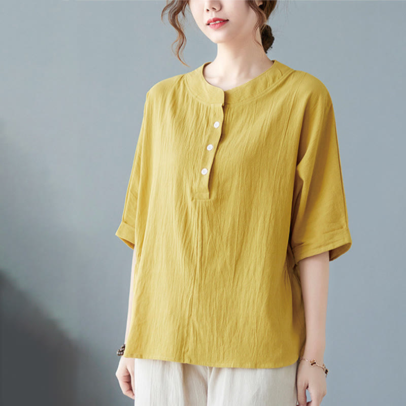 Women's Plain Batwing Sleeve Design Half Sleeve Cotton Linen Shirt