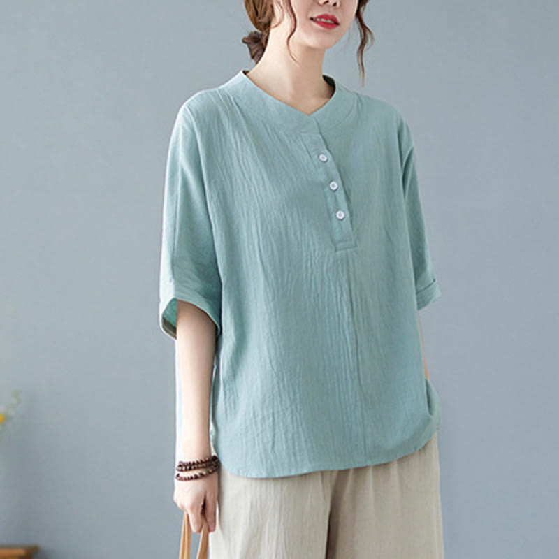 Women's Plain Batwing Sleeve Design Half Sleeve Cotton Linen Shirt
