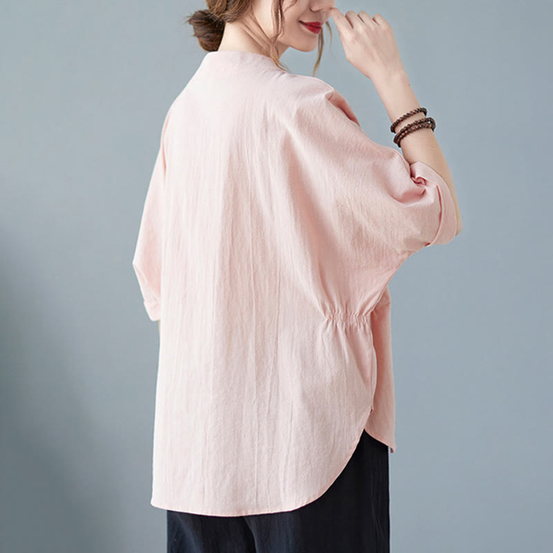 Women's Plain Batwing Sleeve Design Half Sleeve Cotton Linen Shirt
