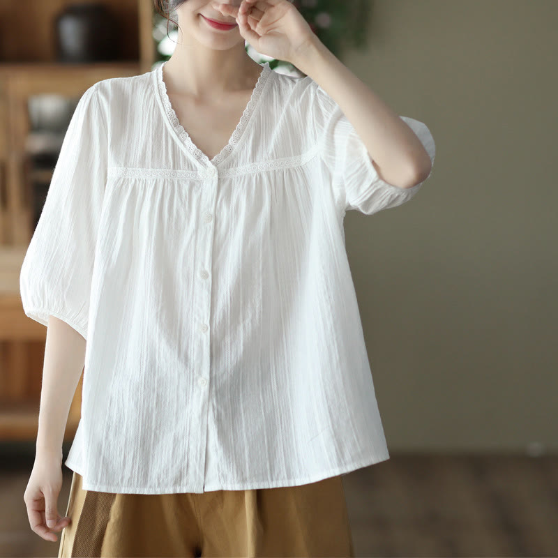 Women's Pure White Lace V-neck Design Half Sleeve Cotton Shirt