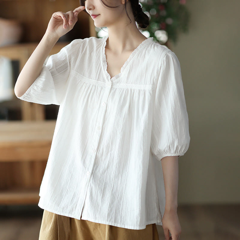 Women's Pure White Lace V-neck Design Half Sleeve Cotton Shirt