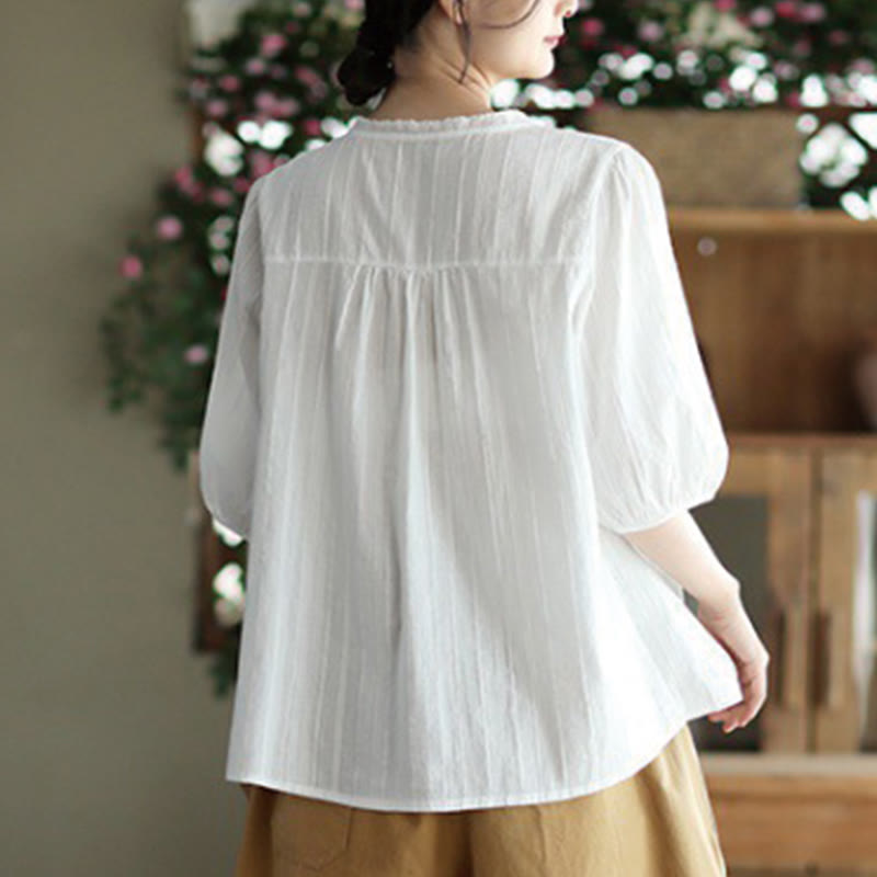 Women's Pure White Lace V-neck Design Half Sleeve Cotton Shirt