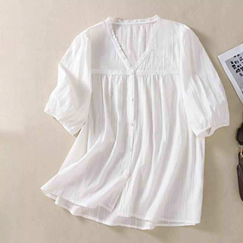 Women's Pure White Lace V-neck Design Half Sleeve Cotton Shirt