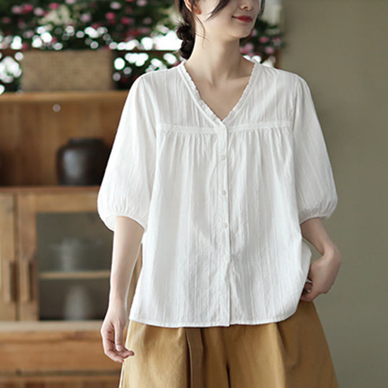 Women's Pure White Lace V-neck Design Half Sleeve Cotton Shirt